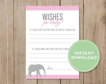 Printable Baby Wishes game. Baby Shower game. Wishes for baby. Baby girl shower. Advice card. Elephant baby shower. DIY. pink baby shower