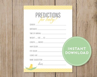 Printable Baby Prediction Card. Baby Shower game. Gender Prediction game. Gender Neutral. Instant Download. Yellow baby shower. DIY