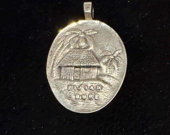 Fiji handcrafted metal Destination Pendant Fijian Bure bungalow palm trees oval