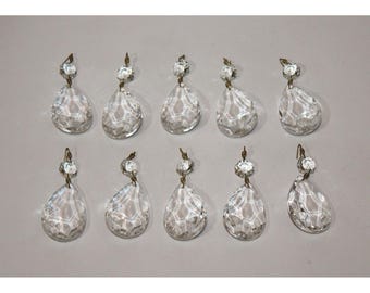 set of 10 vintage chandelier prisms clear glass teardrop faceted 2-piece