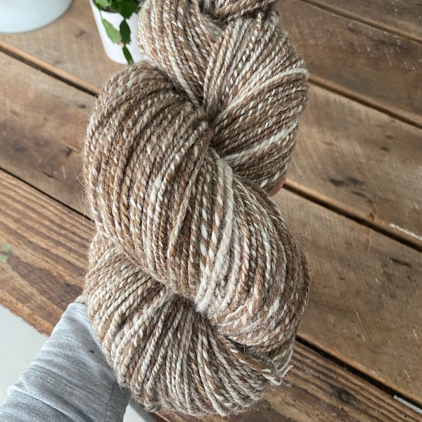 Hand Spun Yarn, Fine Merino, Rare Manx Loaghtan, baby alpaca, silk, flax, extra large skein, 290 yards, 2-ply, worsted 9 wpi, one of a kind