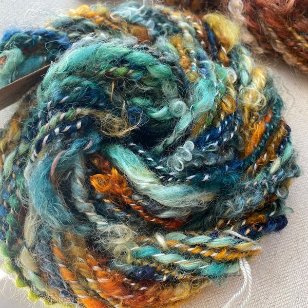 Art Yarn, Hand Spun, hand dyed Locks, bamboo, thick/thin, Texture, Bulky (6-7wpi), 22 yards, One of a kind