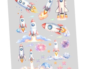 Bügelbilder Set - Raketen - Weltraum Astronaut Sterne Planeten