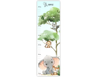 Könnte beinhalten: Ein blauer und grüner Wachstumsplan mit Dschungel-Motiv. Der Plan zeigt einen grauen Elefanten, einen Affen, einen Lemuren und einen Tiger. Der Plan ist in Zentimetern von 70 cm bis 140 cm markiert. Der Text "Name" befindet sich oben auf dem Plan.