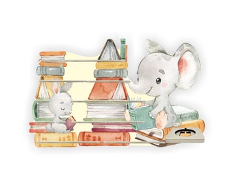 May include: A watercolor illustration of a gray elephant and a gray rabbit sitting on a bookshelf with stacks of colorful books. The elephant is holding a green book and the rabbit is holding a red book.