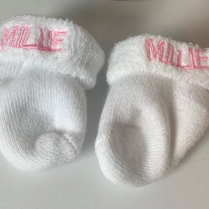 1 pair Preemie Custom Monogrammed Boy or Girl Bootie Socks, Boutique Photo Shoot, Doll Socks, Sweet FULL BLOCK Initials on White Baby Socks
