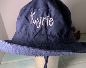 One-Baby Toddler Adjustable Boy Girl Mesh Bucket Sun Hat Aqua White Lavender Royal Blue Navy Gray Pink Embroidered Monogram Approx 6-24 mo