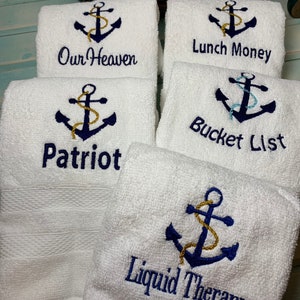 One Best Seller Embroidered White Name Your Boat HAND Towel Gift | Beach Nautical Anchor Lake Cottage |Customized Personalized Boat Towel