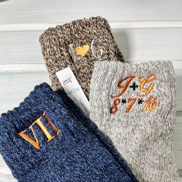 1pr New Design MENs Wool Monogram Casual CREW Socks Choose from 8 color choices 7th & 22nd Anniversary Gift Groom Stocking Stuffer Size 6-10