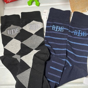 1pr Top Seller Men's Argyle/Striped Cotton Monogrammed Black/Navy Gray/Wh Dress Socks Embroidered Initials Groomsmen Gift Sz 10-13 Fits 6-12