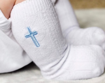 1 pair White Custom Monogrammed Cable-knit Baby Infant Toddler Boy Girl (Scallop top)Knee High-Socks Wedding Baptism Youth School Christmas