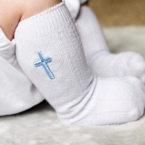 1 pair White Custom Monogrammed Cable-knit Baby Infant Toddler Boy Girl (Scallop top)Knee High-Socks Wedding Baptism Youth School Christmas