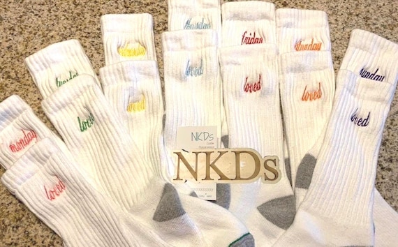 1pr Men's Casual Cotton Crew Ribbed Monogrammed Black White Socks Custom Embroidered Name Rainbow Colors Monday-Sunday Days of Week Sz 6-12