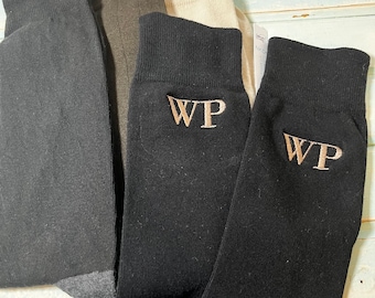 1pair  Men's Big N Tall Flat Cotton or Nylon Ribbed Black Brown CREW Socks Monogrammed Embroidered Initials Wedding Party Size 13-16 Fathers