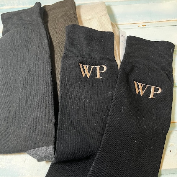 1pair  Men's Big N Tall Flat Cotton or Nylon Ribbed Black Brown CREW Socks Monogrammed Embroidered Initials Wedding Party Size 13-16 Fathers