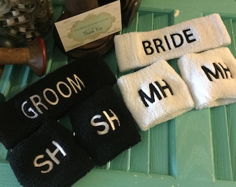 Special Gift Sets! Bride Groom Mr Mrs Gift Set Sweat Head Band-Wrist Band Sweatband Terry-Headband Embroidered Monogrammed Wedding Party