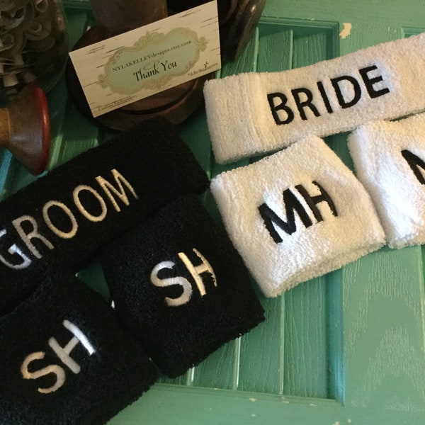 Special Gift Sets! Bride Groom Mr Mrs Gift Set Sweat Head Band-Wrist Band Sweatband Terry-Headband Embroidered Monogrammed Wedding Party