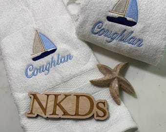 Embroidered Sailboat Towel: Personalized Nautical Bath or Hand Towel