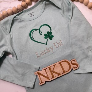 1 Lucky Us! Heart Shamrock St Pat’s Gerber© Onesie®™ Embroidered Baby Custom Name Preemie Newborn 3 6 9 12 18 24 mo Multiple Colors Bodysuit