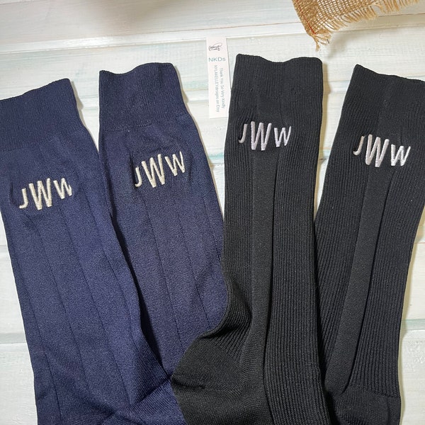 1 pair Men's Nylon Ribbed Dress Socks, Navy or Black Monogrammed Socks Embroidered Initials Wedding party Socks Groom Size 6-12