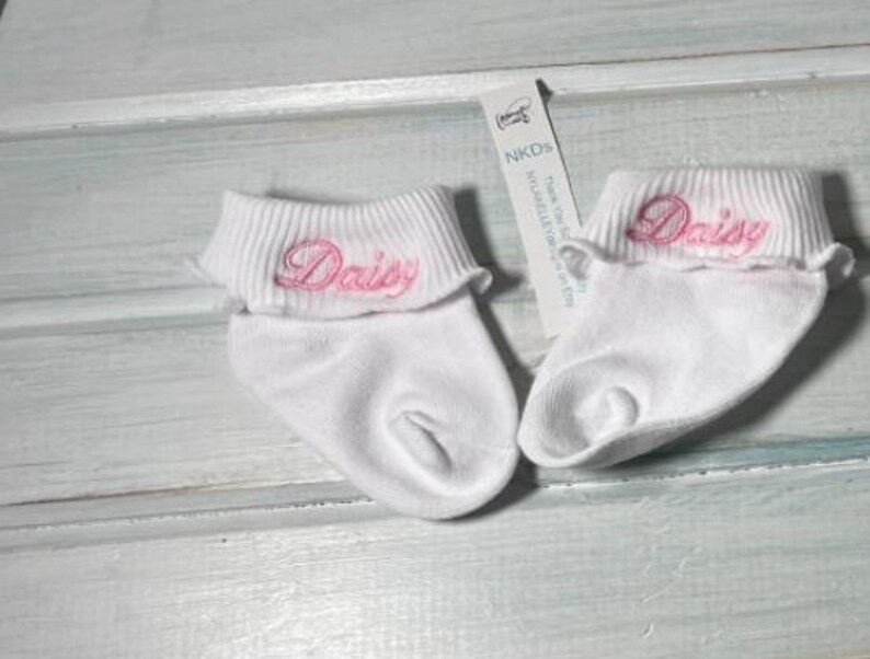 1 pair Infant Toddler Girls Boys Monogrammed Youth Gold Toe Socks School Uniform Initials White Rolled Turn Cuff Crew or Ankle ToddlerSocks 1 cursive name