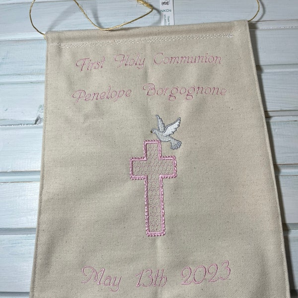 Medium 10 X 13 First Holy Communion Braided Cross/Dove Banner Custom Embroidered Monogrammed Church Pew Sign Keepsake Confirmation Baptism