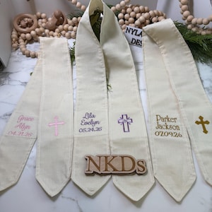 Child’s FHC, Baptism Creamy Off-White Sash/Stole Custom Embroidered Cross on one side | 1-2 names and date on the other, 3 months to 10years