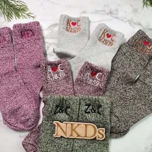 1 pair Ladies Women's Embroidered Monogrammed Wool Crew Socks: Tweed Style,  Size 5-9 Perfect 7th Anniversary Gift with Copper thread too