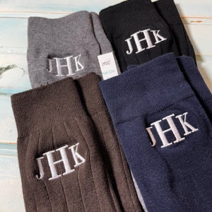 1pr* Best Seller Mens Cotton Crew Black, Gray, Brown Flat | Ribbed Casual Dress Socks Embroidered Initials Wedding Party Size 6-12 Groomsmen