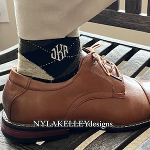 1 pr Best Seller Men's Argyle Cotton Monogrammed Dress Socks Embroidered Initials Wedding Party Stocking Stuffers Gift Size 10-13 Fits 6-12