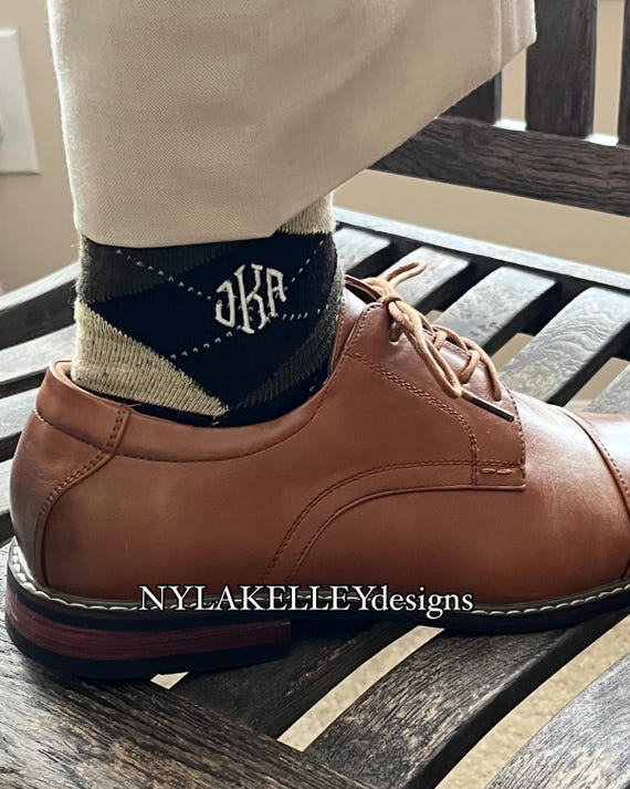 1 PR Men's Argyle Cotton Monogrammed Dress Socks Embroidered Initials Wedding Party Stocking Stuffers Gift Size 10-13 Fits 6-12
