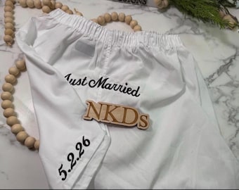 1pr  White MEN’s Embroidered Groom Underwear Boxers Wedding New Husband Bride Gift Boyfriend Boxer Shorts Wedding Get Ready Just Married BUM