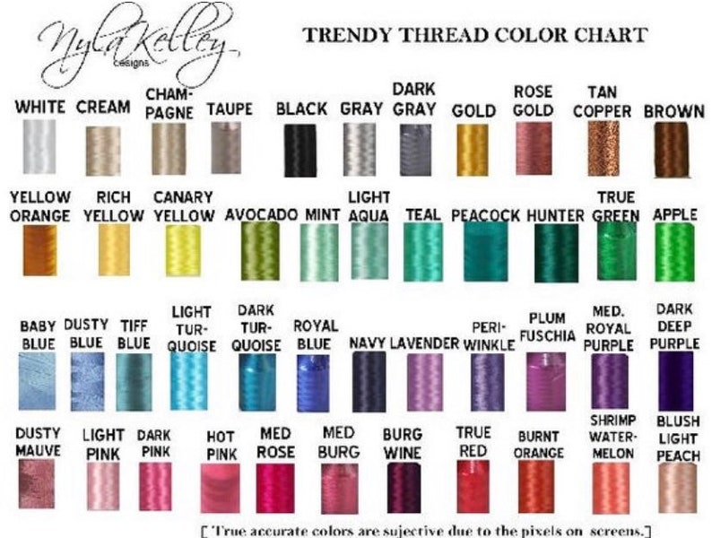 Puede incluir: Una carta de colores que muestra una variedad de colores de hilo, incluyendo blanco, crema, negro, gris, dorado y marr&oacute;n. La carta tambi&eacute;n presenta tonos de azul, rosa, morado y verde, con cada color etiquetado para facilitar la referencia. El texto "Trendy Thread Color Chart" est&aacute; en la parte superior.