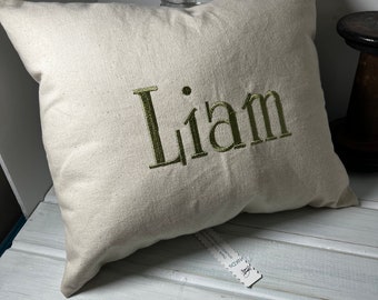 Custom Baby Name Accent Pillow Embroidered Personalized Nursery Decor Handmade Your New Baby&#39;s Room Off White Canvas or *Natural Beige Linen