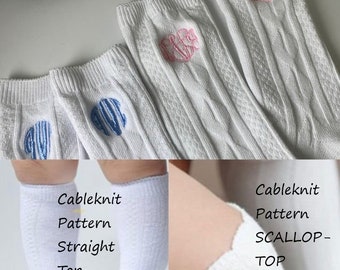 1 pair Monogrammed Cable-Knit or Flat Plain White Kneesocks Baby Infant Toddler Boy and Girls w/SCALLOPED-Top Pink Knee Socks Baptism School