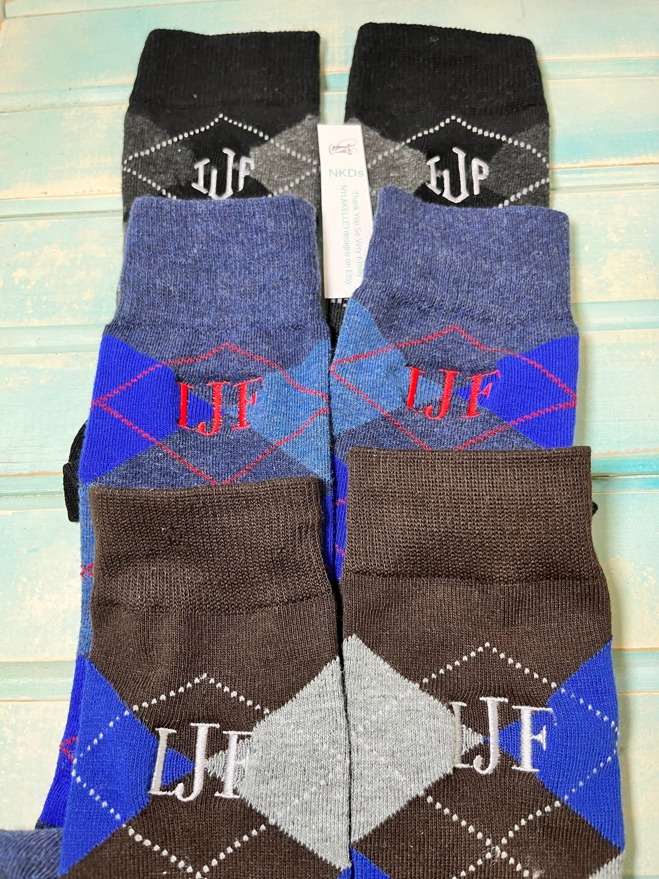 1pr New Men's Yellow Black Gray Argyle Cotton Monogrammed Dress Socks Embroidered initials Wedding Party Groom Men Gift Size 10-13 Fits 6-12