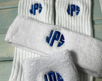 Pick Your Set Circle Block Terry Cotton Sweat Wristband, Headband, Socks Embroidery Athlete Sport Gift Custom Monogram Initials Male Female