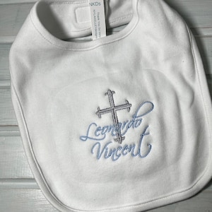 Cross Name Baby Bib Custom Embroidered monogrammed Bib Infant baby boys or girls baptism Christening Bibs Can match onesies on other listing