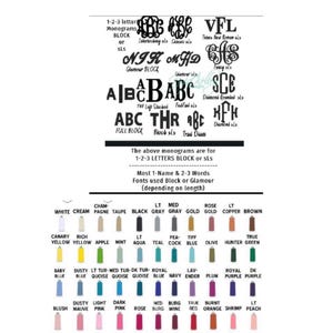May include: A reference sheet displaying various monogram styles and color options. The top section showcases different font styles for monograms, including interlocking and classic designs. The bottom section presents a color palette with shades like black, gray, and various hues of blue and pink.