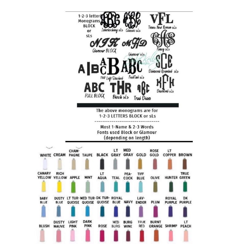 May include: A reference sheet displaying various monogram styles and color options. The top section showcases different font styles for monograms, including interlocking and classic designs. The bottom section presents a color palette with shades like black, gray, and various hues of blue and pink.