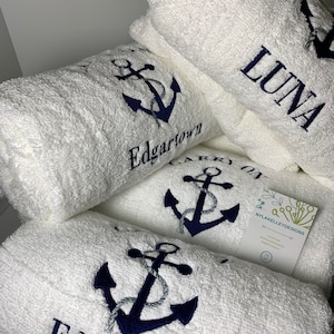 One BestSeller Anchor BATH or HAND White Towel | Beach Lake Embroidered Custom | Perfect House Warming Gift | Boat Name Fishing Home Cottage