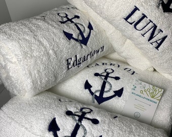 One BestSeller Anchor BATH or HAND White Towel | Beach Lake Embroidered Custom | Perfect House Warming Gift | Boat Name Fishing Home Cottage