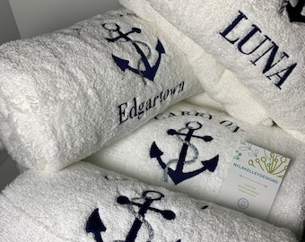 One BestSeller Anchor BATH or HAND White Towel | Beach Lake Embroidered Custom | Perfect House Warming Gift | Boat Name Fishing Home Cottage