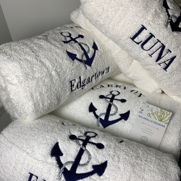 One BestSeller Anchor BATH or HAND White Towel | Beach Lake Embroidered Custom | Perfect House Warming Gift | Boat Name Fishing Cottage Gift