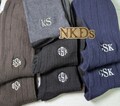 1 pair Men's Smooth Cotton Flat Black, Brown, Navy, Gray, Burgundy Ribbed Embroidered Initials Wedding Party Size 6-12 Groomsmen Dress Socks
