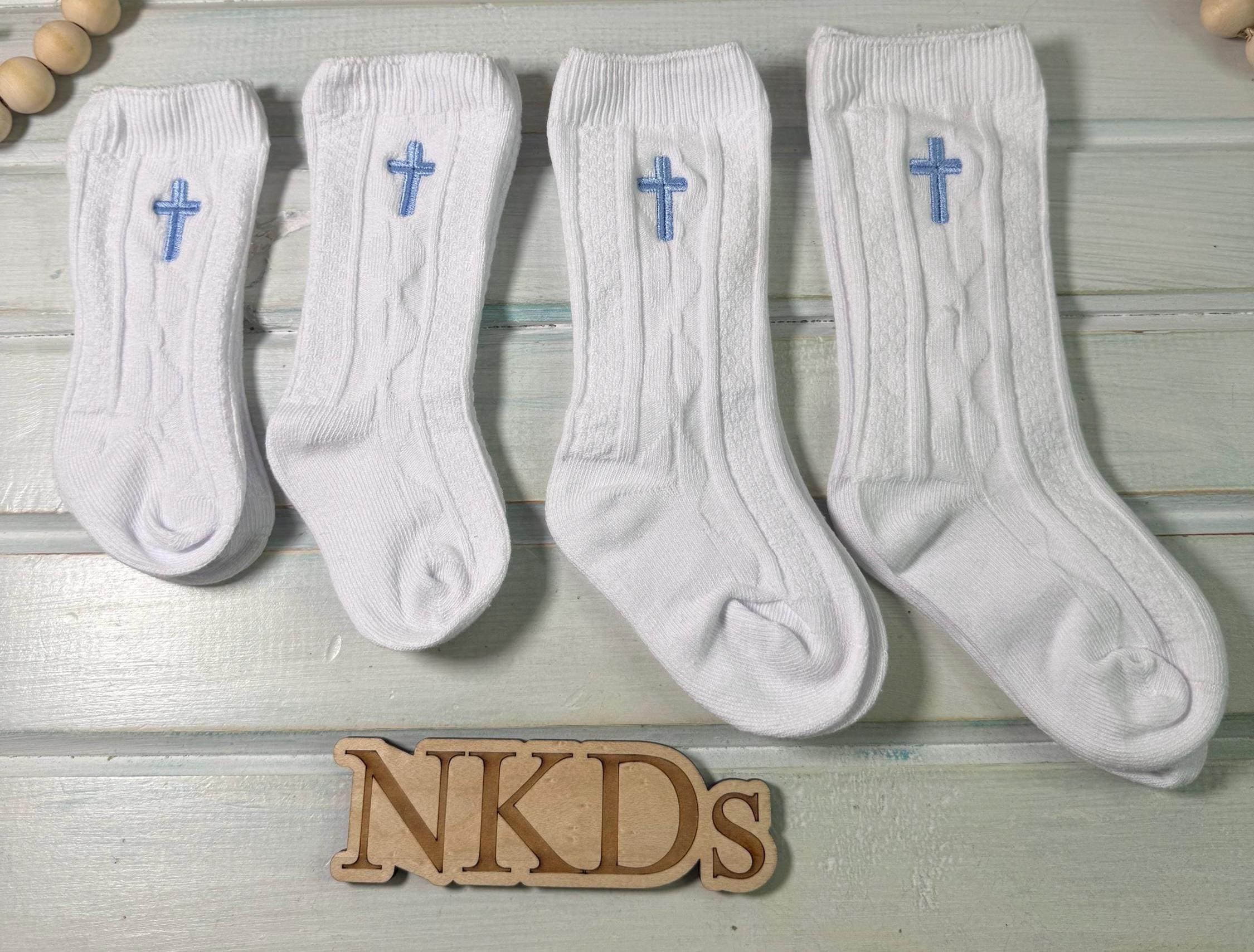 1 pair Monogrammed Cross Cable-Knit Knee High Baby Socks Custom Embroidered Baptism Gift White Off-White Ivory Cream Baby Christening Socks