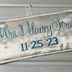 1-Large Bridal Wedding Dress Label, Mrs. Name Tag, Custom Embroidered Satin Banner, Sign Under Dress, Brides Something Blue, Mrs. Groom Name