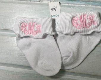 1pr Custom Monogrammed Rolled Cuff Ruffled White Socks Cross Baptism Newborn Infant New Baby Girl Initials Flower Girl Gift Size 0-6 months