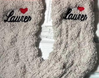 1 pair Women's Fuzzy Super Soft Boot Cut CREW Custom Monogrammed Casual Socks Embroidered Initials Heart A+B Teen Bridesmaid Gifts Size 4-9