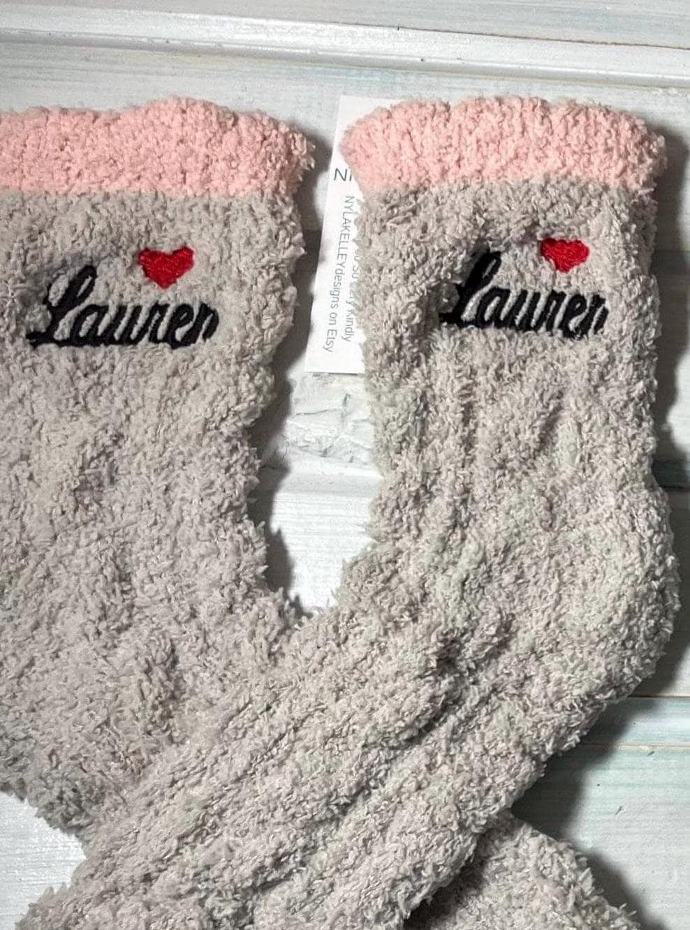 1 pair Women's Fuzzy Super Soft Boot Cut CREW Custom Monogrammed Casual Socks Embroidered Initials Heart A+B Teen Bridesmaid Gifts Size 4-9